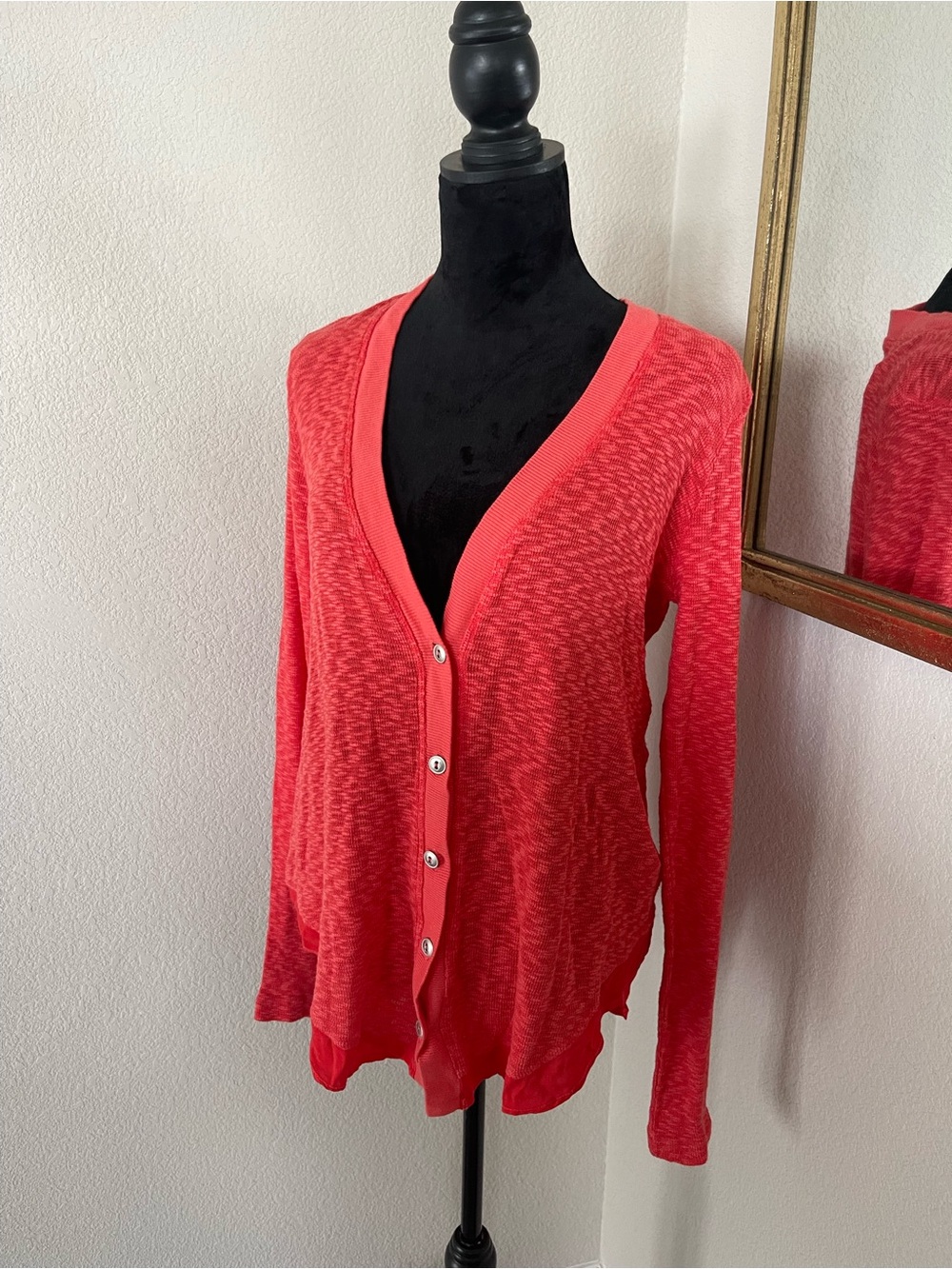 LOFT Coral Red Lightweight V-Neck Button Cardigan
